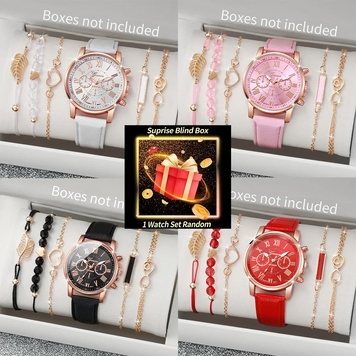 Jewelry For Watches - サプライズ・ブラインドボックス：レディース腕時計セット。ランダムに選ばれたジュネーブ製クォーツ腕時計＋ブレスレット4点。ファッション性の高い女性用アクセサリーのギフト。