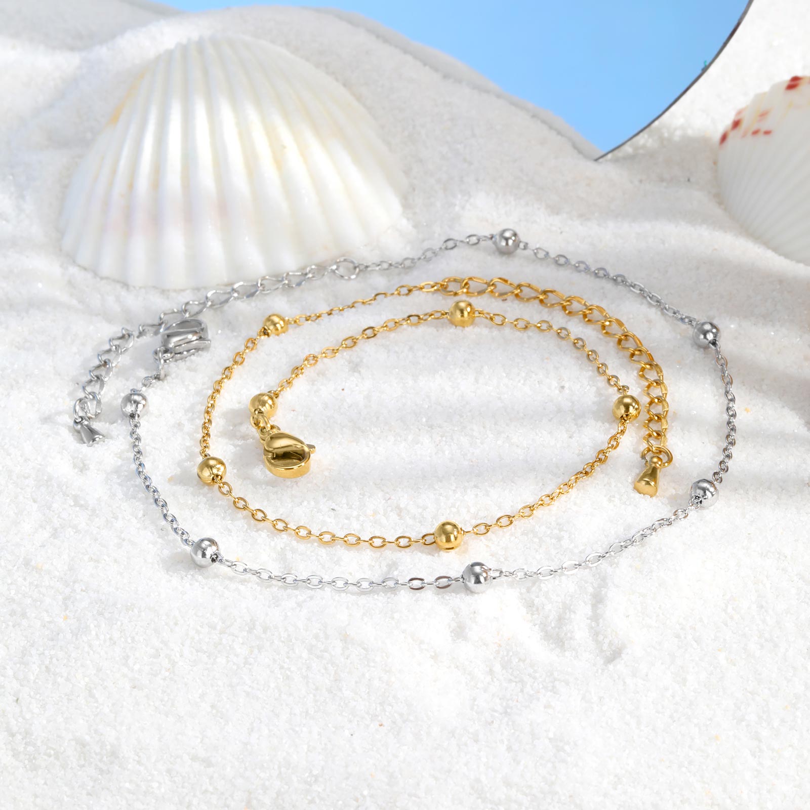 女性用ステンレススチールビーズチェーンアンクレット、夏休み防 - Jc Jewelry & Watches Photos のレビューと価格